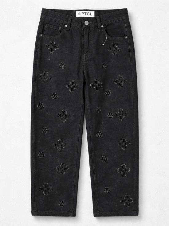 Denim - PTCL Black Floral Eyelet Straight Jeans